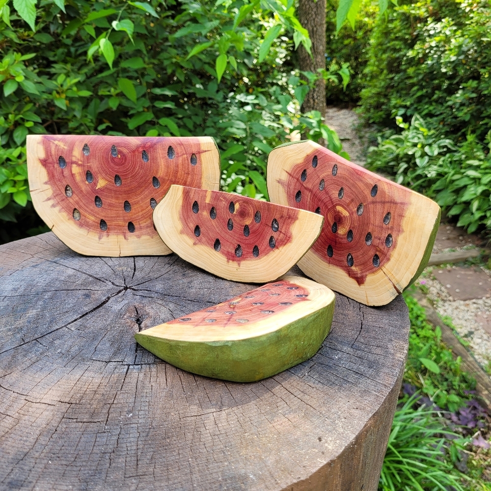 Watermelon slices  chainsaw carved cedar